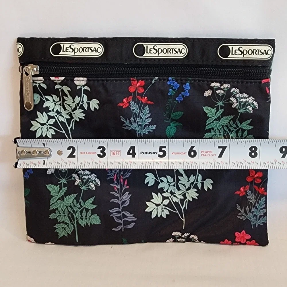 LeSportsac Botanical Floral Print Cosmetic Pouch Black Pink Lining Ripstop Bag